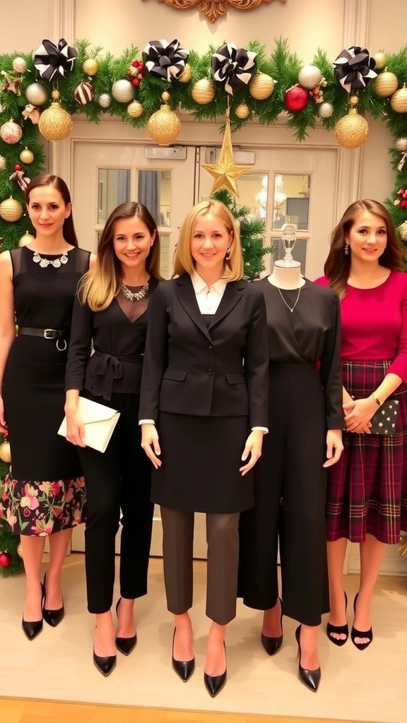 A collection of modest Christmas party outfits including dresses, trousers, and skirts, styled with accessories.